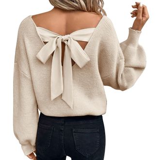 Generic Jumpers for Women UK Causal Bow Twisted Back Knitted Sweaters Crew Neck Baggy Soft Comfy Backless Jumpers Chic Fall Sweater from Office to Weekend (Be