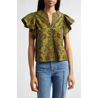 Ulla Johnson Severine Floral Cotton Flutter Sleeve Top in Olive Flora at Nordstrom, Size 10