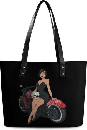 Generic Pin-Up Woman Skull Motorcycle Tote Bags for Women Cute Shoulder Purses Handbags