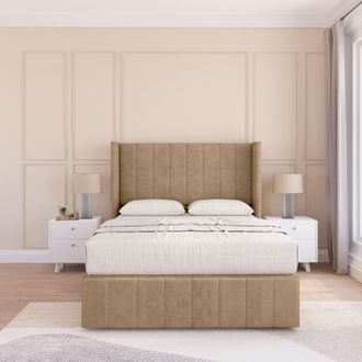 Sloomy Melbourne Naples Wingback Bed Set, No Drawers & 54 Floor Standing Headboard in Light Brown | Size: Double