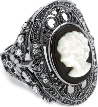 Palm Beach Jewelry Onyx and Mother-of-Pearl Cameo and CZ Cocktail Ring Black Rhodium-Plated