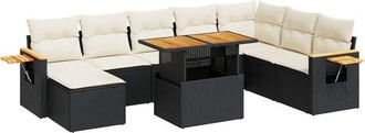 vidaXL 9 Piece Garden Sofa Set with Cushions Black Poly Rattan Acacia Vidaxl
