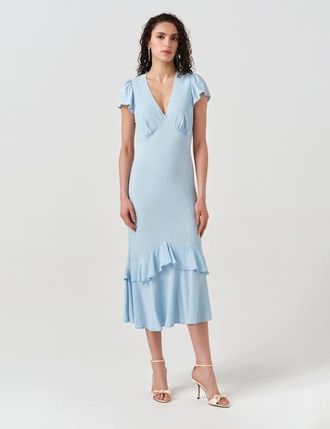 Ghost London Corinne Frill Crepe Midi Dress in Blue at Nordstrom, Size 16