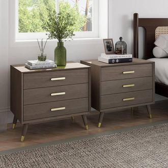 Melody Maison Pair Of Large 3 Drawer Bedside Tables - Oslo Dark Wood Range in Brown