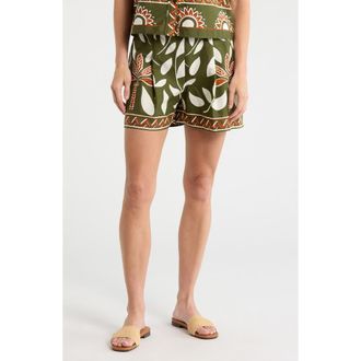 Halogen Floral Print Cotton Drawstring Shorts in Chive at Nordstrom Rack, Size Large