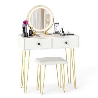 Costway Costway Vanity Set w/Mirror & Lights Dressing Table & Stool w/Charging Station in White