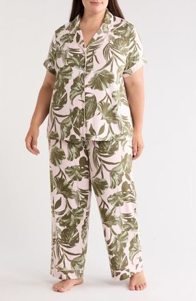 Nordstrom Moonlight Eco Crop Pajamas in Pink- Olive Sketch Tropic at Nordstrom, Size 1X
