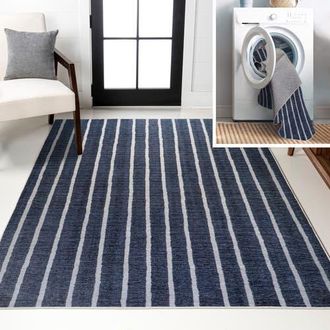 Jonathan Y Designs Rand Distressed Ticking Stripe Machine-Washable Area Rug in Navy/gray at Nordstrom, Size 4Ft 0In X 6Ft 0In
