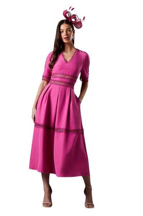 Coast Crochet Insert Crepe V-Neck Midi Dress in Pink at Nordstrom, Size 10