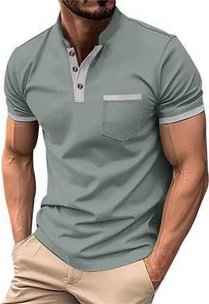 Generic Big and Tall T Shirts for Men UK Summer Short Sleeve Solid Color Stylish Round Neck Henley Shirt with Pocket Button down Casual Shirts Breathable Ligh