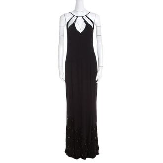 Escada Black Crepe Silk Sequin Embellished Fringed Hem Evening Dress