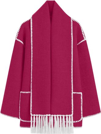 Generic Wool Coat for Women Solid Color Fleece Jacket Woolen Blend Thickened Shackets Jacket with Fringes Scarf Ladies Elegant Cardigan Coat Lightweight Shear