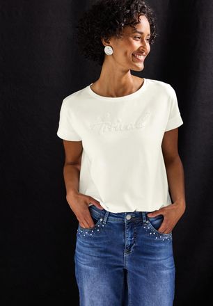 Street One Shirttop STREET ONE, Damen, Gr. 42, weiss (sanftes wei&szlig;), Jersey, Obermaterial: 47% Baumwolle, 47% Modal, 6% Elasthan, bestickt, regular fit taillenbe