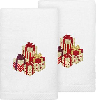 Linum Home Textiles Set Of 2 Christmas Packages Embroidered Luxury 100% Turkish Cotton Hand Towels