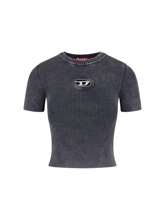 Diesel Ribbed Crop Top with Metallic Oval Logo Detail