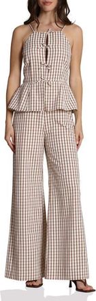 Avec Les Filles Check Bow Tie Front Peplum Jumpsuit in Cream And Brown at Nordstrom, Size 10