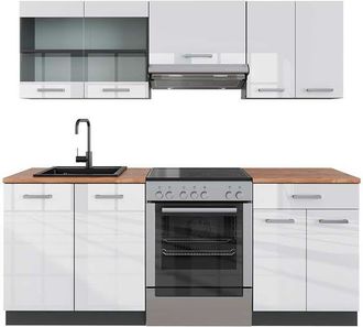 Vicco Mueble De Cocina R-line, Blanco Brillo/antracita, 200 Cm, Et Roble