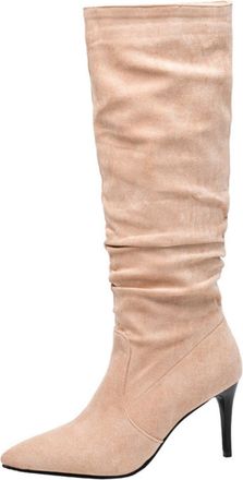 Generic Womens Slouchy Knee-High Boots Suede-Like Pointed Toe Stiletto Heels Elastic Fit Slip On Evening Party Night Out Non-Slip Boots,Pink,8.5 UK