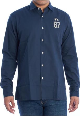 La Martina Shirt met lange mouwen en geborduurde details - Heren - Casual Overhemden - Blauw - 4XL - Katoen - Overhemden