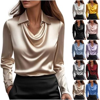 Generic Gold Satin Blouse for Women UK Elegant Cowl Neck Silk Party Tops Fashion Long Sleeve Office Work Shirts Casual Turndown Collar Tunic Shirt Streetwear 