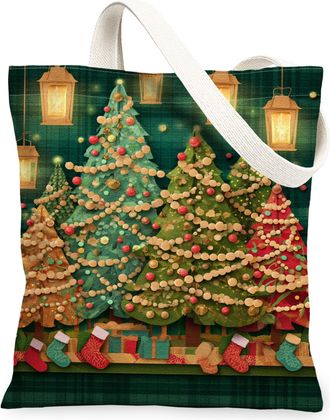 Generic Christmas Tree Canvas Tote Bags, Holiday Decor Pattern Reusable Shopping Bags, Winter Rustic Lightweight Washable Shoulder, Green, 13x15 Inch