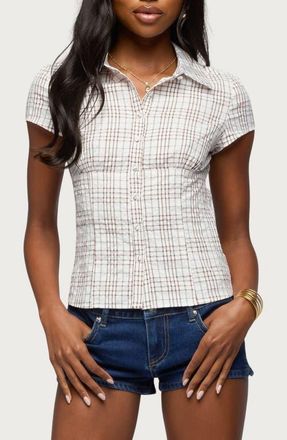 Edikted Naiah Plaid Short Sleeve Tailored Cotton Blend Button-Up Shirt in Brown-And-White at Nordstrom, Size X-Small