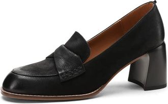 TinaCus Womens Round Toe Genuine Leather Handmade Mid Chunky Heels Slip On Retro Pumps Shoes, Black, 7 UK