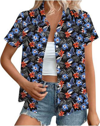 Generic Hawaiian Shirts for Women Summer Beach Shirt Trendy Tropical Floral Print Tshirts Casual Button Down Short Sleeve Blouses Plus Size Tees Fashion Outfi