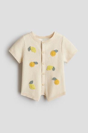 H&M Embroidery-detail Cotton Romper Suit in Light Beige/lemons at Nordstrom, Size Newborn