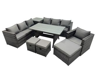 Fimous 10 Seater Garden Rattan Furniture Set with Side Table 3 Stools in Dark Grey