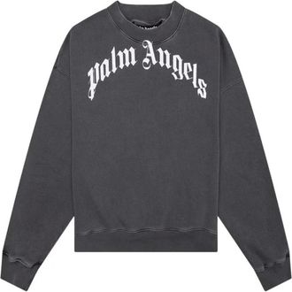 Palm Angels Sweatshirts, male, Gray, M, Curved Logo Washed Sweatshirt