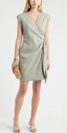 Nordstrom Linen Blend Wrap Dress in Green Chaparral at Nordstrom, Size Xx-Large