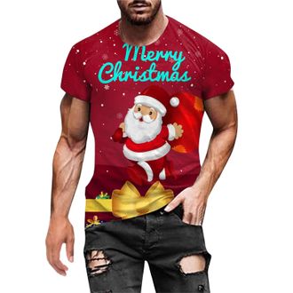 Generic Christmas Tshirts Men Autumn Xmas Tshirt Breathable Letter Short Sleeve Pullover Classic Cartoon Round Neck Tees(Red, XL)