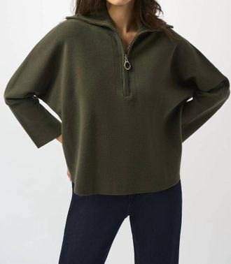 Joseph Ribkoff Zipped Collar 3/4 Sleeves Boxy Sweater Top In Avocado