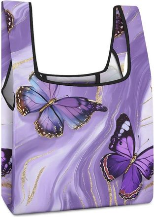 Generic Purple Marble Butterfly Shopping Bag Reusable Grocery Tote Bag Foldable Handbag for Travel Picnic