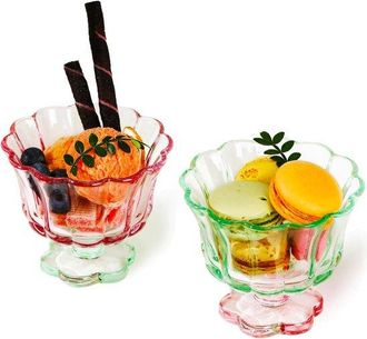 No Brand Juego De 2 Cuencos De Cristal Coloridos Con Forma De Flor Y Base Para Postres - Cuencos Para Helado Y Pud&iacute;n En Rosa Y Verde, Elegantes Y Reutilizables