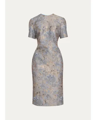 Prabal Gurung Short-Sleeve Metallic Floral Jacquard Sheath Dress