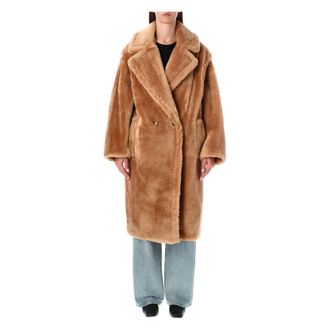 Stand Studio Double-Breasted Coats, female, Beige, Size: XS Faux-Fur Biba Coat with Wide Lapel
