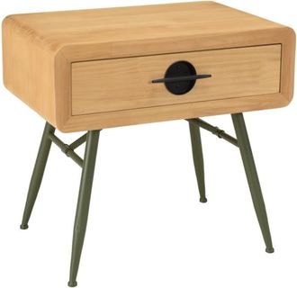 Macabane Mesita de noche 1 caj&oacute;n de pino color natural y patas de metal verde