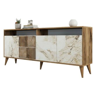 Dmora Consola Virgo, Mesa Multiusos, Gabinete De Soporte, Escritorio De Pasillo, 180x35h79 Cm, Nogal Y M&aacute;rmol Blanco, Con Embalaje Reforzado - Dmora