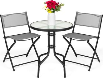 Best Choice Products 3-Piece Patio Bistro Dining Furniture Set w/ Round Textured Glass Tabletop, Folding Chairs