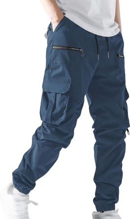 Generic Mens Tapered Cargo Trousers with Zipper Pockets Elasticated Waist Adjustable Cuffs Casual Streetwear Pants Daily Wear Outdoor Trousers Bottoms Dark Bl