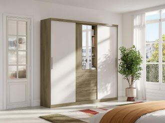 Vente-Unique Armadio 2 ante scorrevoli con specchio e cassetti L.240 cm Quercia e avorio - BODIL