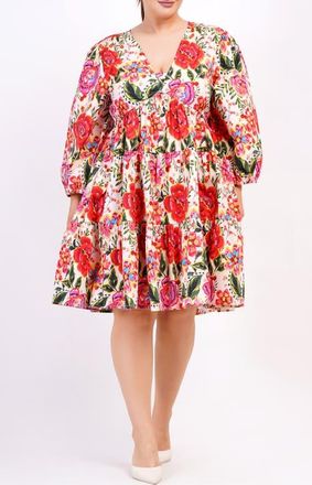 Leota Zariah Empire Waist Mini Dress in Crown Floral Flame Scarlet at Nordstrom, Size Xx-Large
