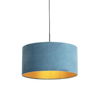 QAZQA R&uacute;stico L&aacute;mpara Colgante Con Pantalla De Terciopelo Azul Con Dorado 50 Cm - Combi Textil /acero Cil&iacute;ndra /alargada /redonda Adecuado Para Led Max. 1 X