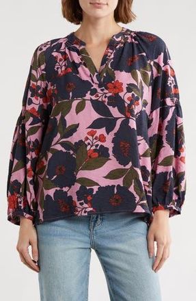 Caslon Long Sleeve Printed Popover Top in Pink- Navy Garden Floral at Nordstrom Rack, Size Xx-Small