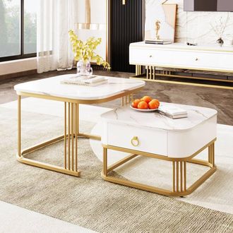 STILVORA Nested Coffee Tables with Drawer & Gold Frame in White