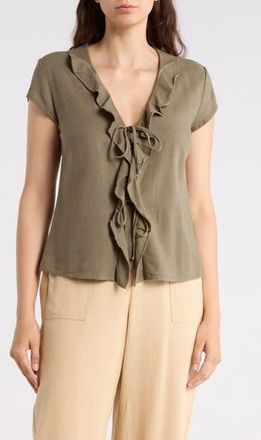 Ellen Tracy Ruffle Tie Front Top in Light Olive at Nordstrom Rack, Size X-Small