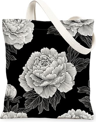 Generic Spring Peony Flower Canvas Tote Bag for Shopping 13x15, Black Floral Wildflower Reusable Grocery Print Pattern Bag for Women, Aesthetic Retro Beach Ae