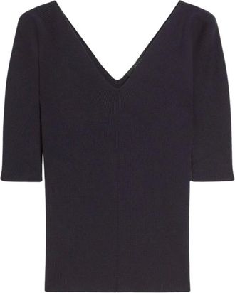 Max Mara Truien & Vesten, Dames, Blauw, M, Polyester, Ribgebreide trui met V-hals